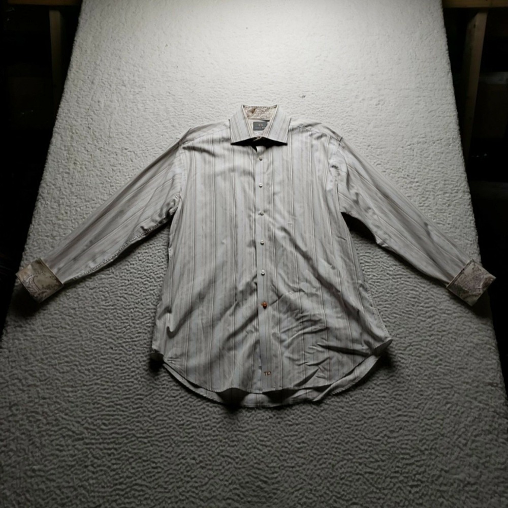 Thomas Dean Dress Shirt Mens L White Stripe Regular Fit Cotton LS Business